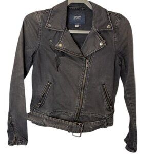 Only black notched biker-style denim jacket size 4